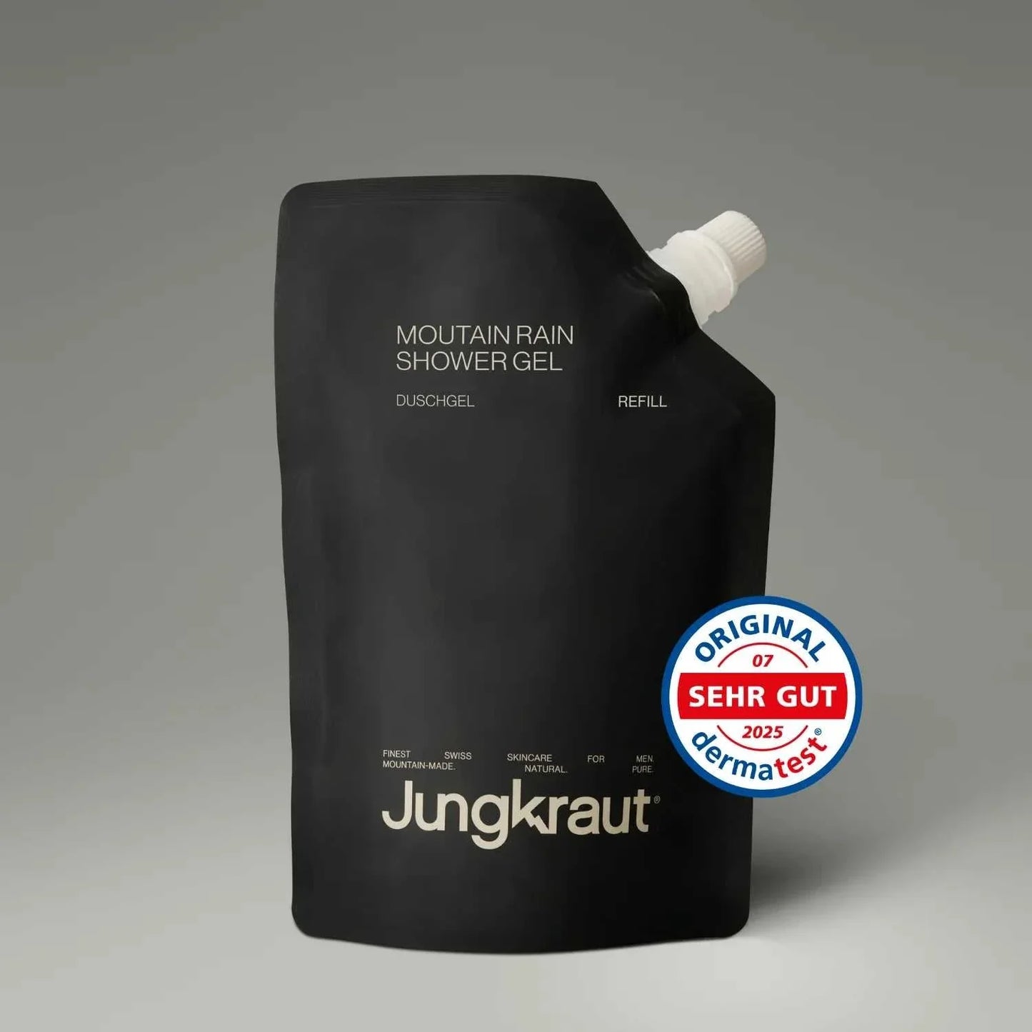 Jungkraut Mountain Rain Shower Gel Refill im schwarzen Nachfüllbeutel mit dermatest Siegel «Sehr gut»