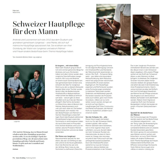 Jungkraut in der Presse: Swiss Wedding - Schweizer Hautpflege für den Mann