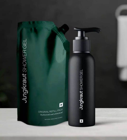 Jungkraut natürliches Refill-Duschgel in nachhaltiger Aluminiumflasche für Kraut-Funding Crowdfunding Kampagne