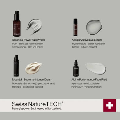 Vier Jungkraut Gesichtspflegeprodukte mit ausgewählten Wirkstoffen.