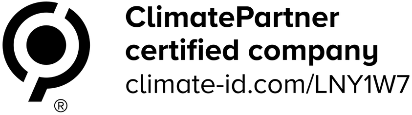 Das Logo von ClimatePartner mit dem Text: 'ClimatePartner certified company climate-id.com/LNY1W7'