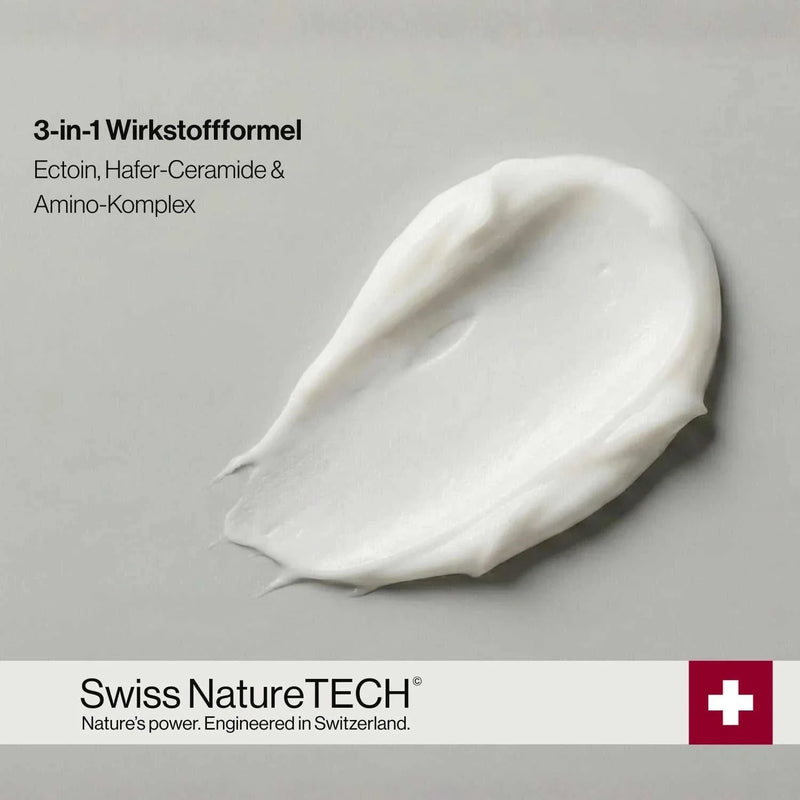 Cremetextur mit Swiss NatureTECH® 3-in-1 Formel aus Ectoin, Hafer-Ceramiden und Amino-Komplex auf hellem Hintergrund